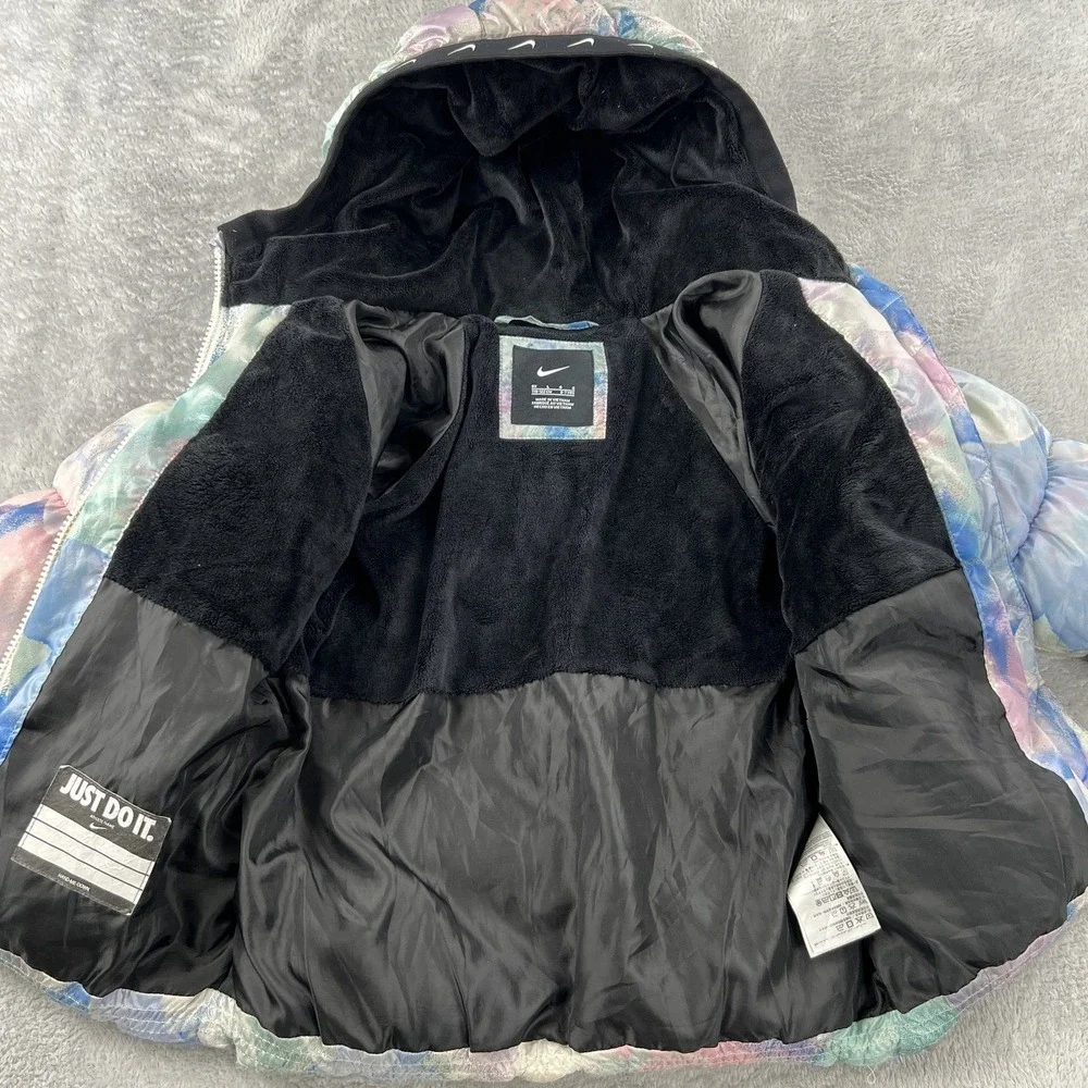 Nike Girls AOP Floral Puffer Jacket L Pastel Multicolor Hooded Fleece Lined